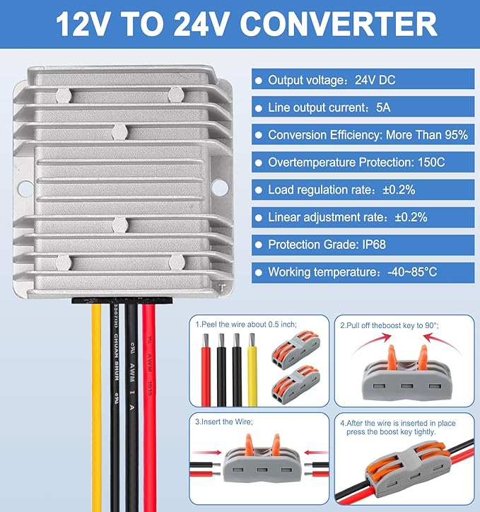 EAGWELL 12V to 24V Boost Converter 5A 120W DC 12V to 24V Step Up Converter Voltage Regulator Transformer for Golf Carts, Solar System, RV, LED Lights