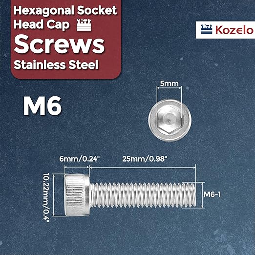 Kozelo 40pcs Socket Head Cap Screws - [M6-1 x 25mm] 304 Stainless Steel Allen Socket Drive for Electrical Motor 3D Printing Fan Engine Replacement Use, Silver