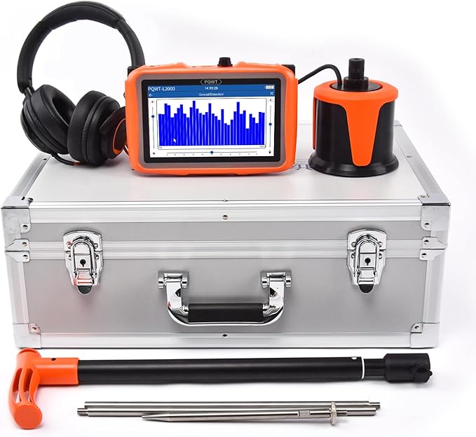 PQWT L2000 Underground Water Leak Detectors for Outdoor Wall Water Pipe Detector Machine Middle Sensor Acoustic Pipeline Leakage Detection Kit Noise Reduction Headphone Smart Touchscreen Carry Case