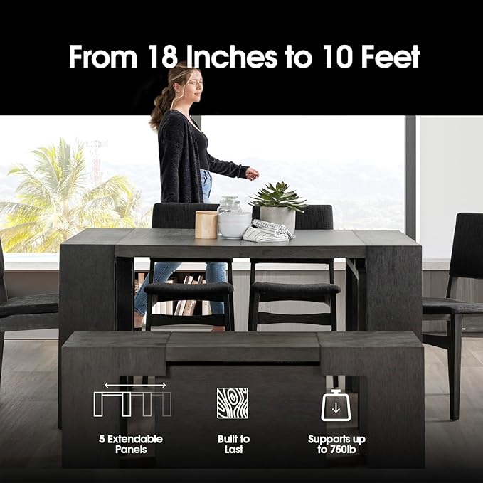 Transformer Table - Solid Wood Extendable Dining Table, Seats 2-12, Extendable Dining Room Table, Space-Saving Furniture, Expandable Dining Furniture (Dark Grey, Table + Coffee Table)