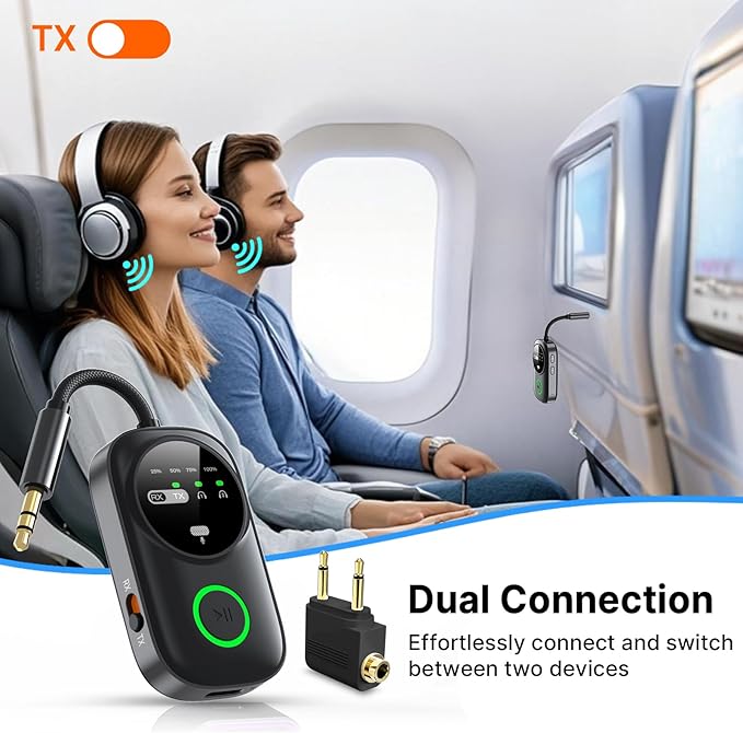 PinPure Bluetooth 5.4 Transmitter Receiver for 2 AirPods/Headphones, 2-in-1 Wireless Adapter with Microphone, Audio Adapter with 3.5mm Audio Jack, Suitable for Airplane, Car, TV, PC, Home Stereo