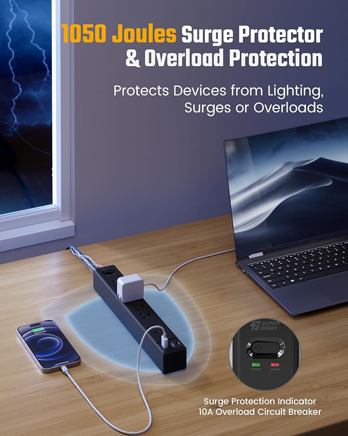 20Ft Long Extension Cord, SUPERDANNY Flat Plug Surge Protector Power Strip | 6 - Image 6