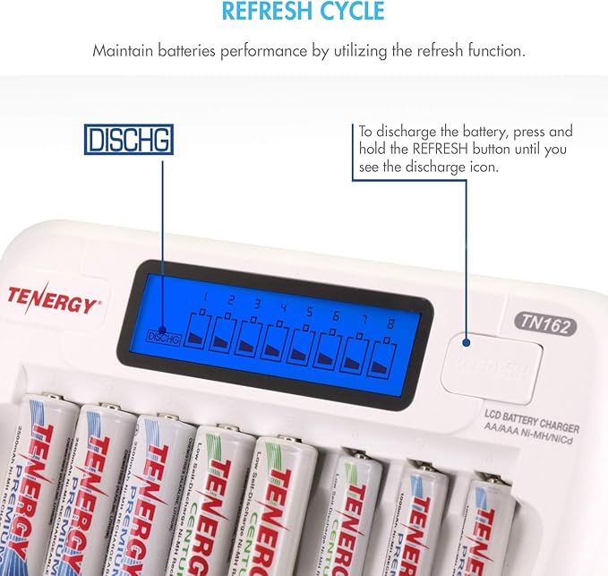 Tenergy AA/AAA Rechargeable Battery and Charger Combo TN162 - 8-Bay Smart LCD NiMH/NiCd Charger With 8 AA & 8 AAA Batteries
