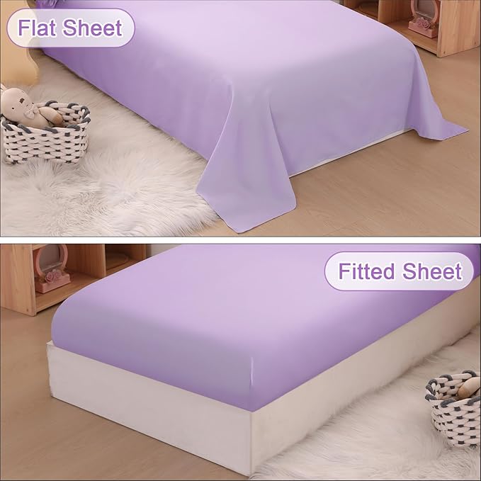 Wowelife 4 Pieces Toddler Bedding Set for Girls, Double Ruffles Comforter Sets Lavender Purple, Cozy and Comfortable Bedding Set Includes Comforter, Fitted Sheet, Flat Top Sheet and Pillowcase