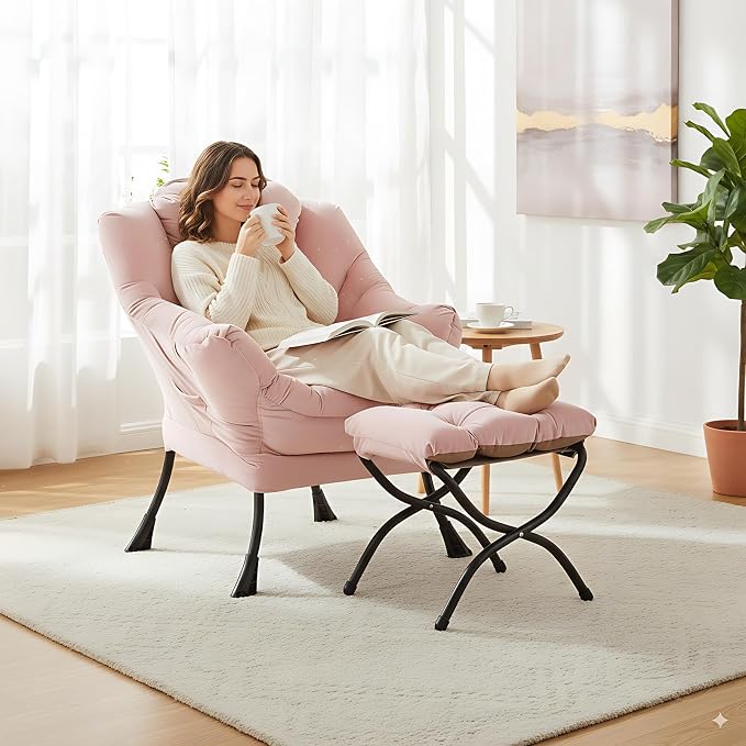 Lazy Chair with Ottoman, Comfy Accent Reading Chair, Velvet Pink | Foldable - Image 2