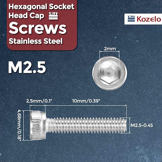 Kozelo 50pcs Socket Head Cap Screws - [M2.5-0.45 x 12mm] 304 Stainless Steel Allen Socket Drive for Electrical Motor 3D Printing Fan Engine Replacement Use, Silver