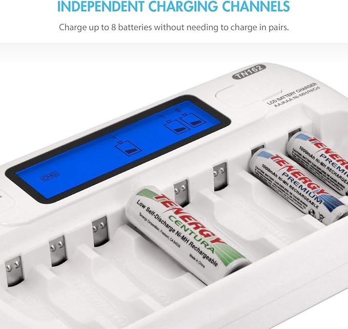 Tenergy AA and AAA Battery Charger Bundle - TN162 8 Bay Smart LCD NiMH/NiCd Charger With 4 Pack AA & 4 Pack AAA Centura (LSD) Rechargeable Batteries