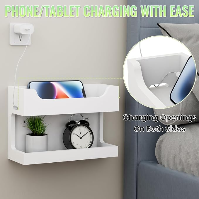 NiHome Bedside Wall Shelf, Wood Organizer, Magnetic Hooks, 2 Tier, Cable Holes - Image 3