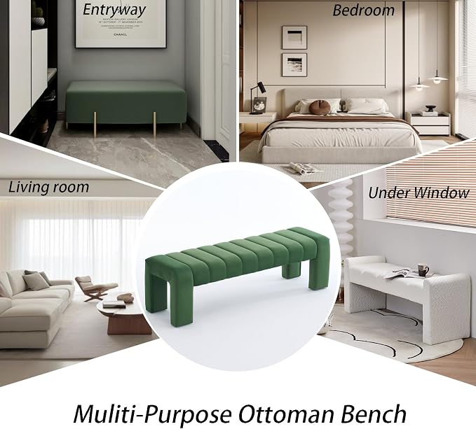 59" Velvet Bench for Bedroom King Size Bed Window End of Bed, Olive Green | - Image 7