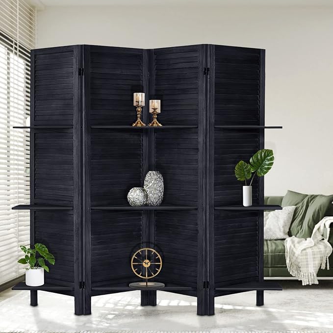 Room Divider with Shelves, 4 Panel Black Privacy Screen | Partition Room - Image 3
