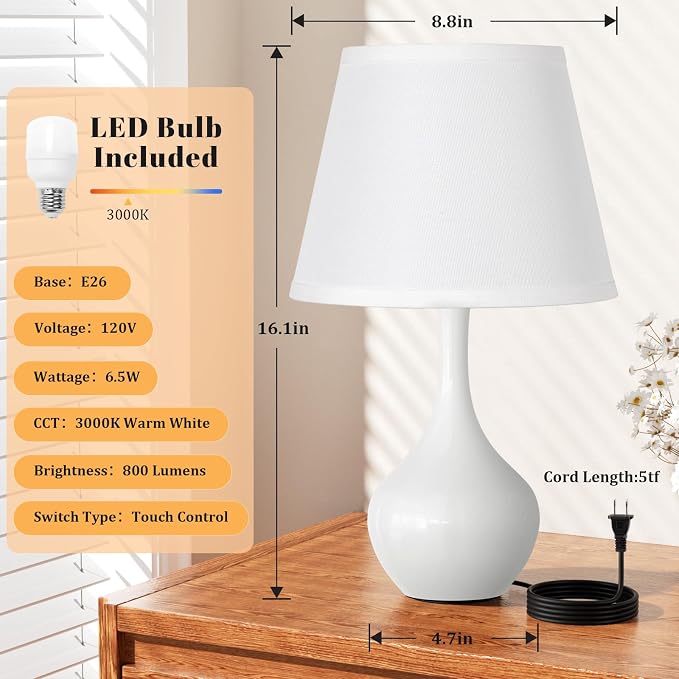 16.1" Touch Table Lamp for Nightstand, 3 Way Dimmable Small Bedroom Lamp | - Image 6