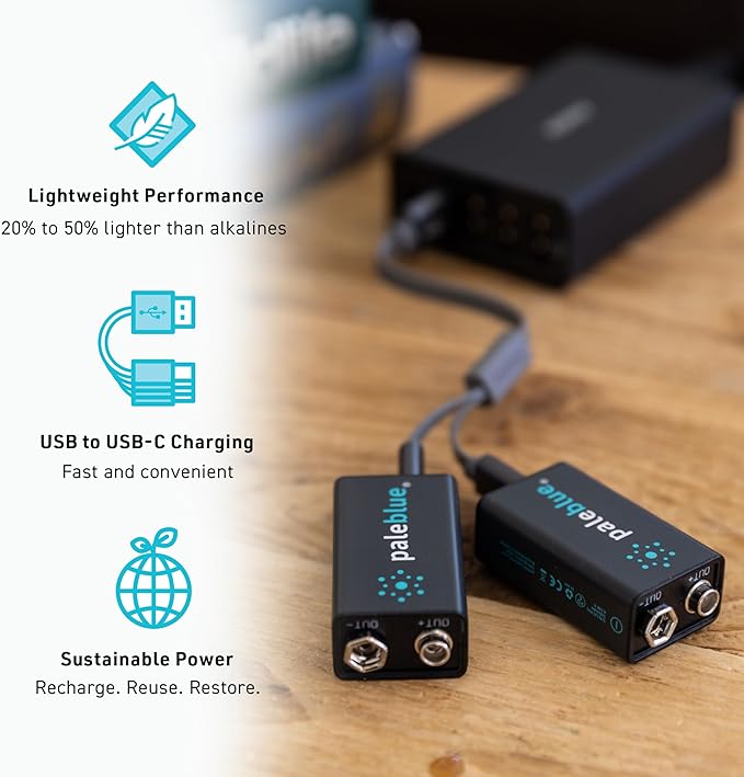 paleblue USB Rechargeable 9V Batteries (2-Pack) - 4500mWh Lithium Ion, 1000+ Charge Cycles, Includes 2-in-1 USB-A to USB-C Charging Cable, LED Charge Indicator, 3.4 Hour Charge Time