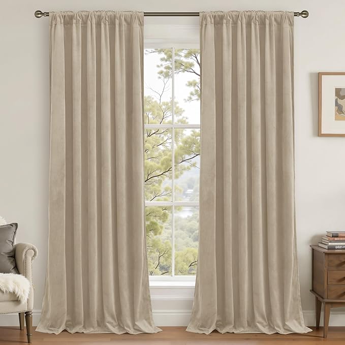LAMIT Taupe 90 Inch Velvet Curtains for Living Room, Thick Thermal Insulated Room Darkening Drapes Super Soft Elegant Back Tab and Rod Pocket Panels for Sliding Glass Door, 2 Panels, 52 x 90 Inch