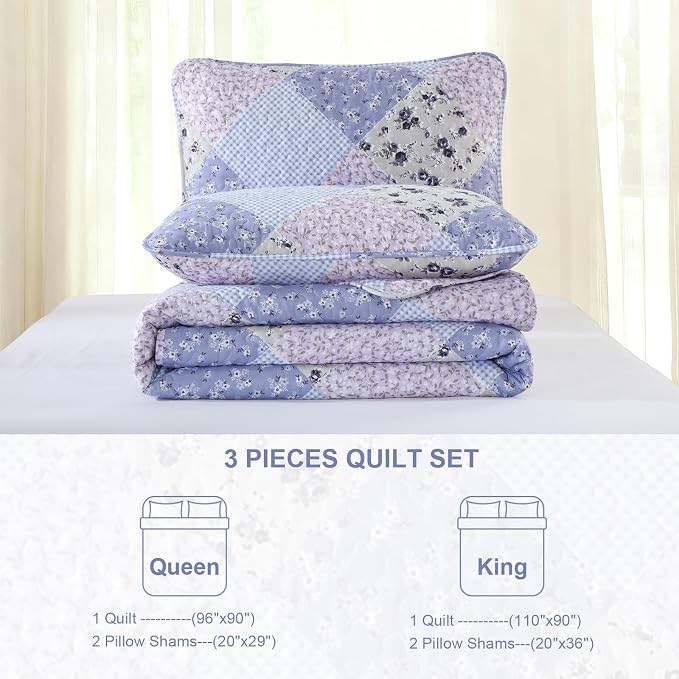 Dinjoy Boho Quilt Set King Size, Patchwork Floral Bedspreads, Lavender | - Image 6
