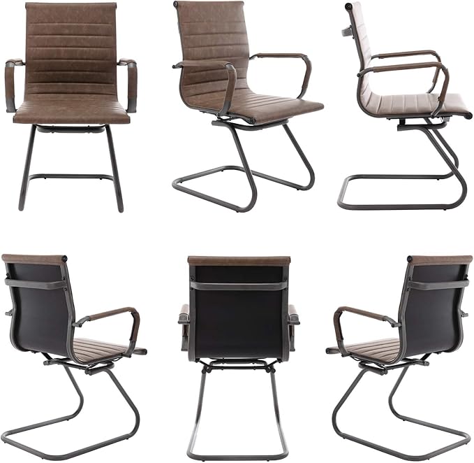 Wahson Office Guest Chairs No Wheels & Reception Chairs, Leather Waiting Room Chair Mid Back Conference Chair with Sled Base for Meeting/Lobby/Restroom, Brown (10 Pack)