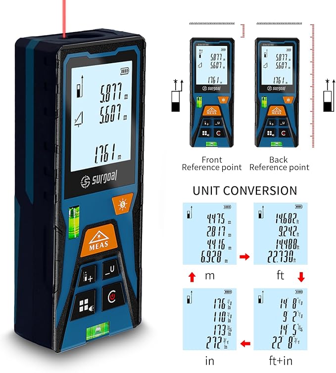 Laser Distance Meter 328ft – Digital Laser Measuring Tool with LCD Backlit Display, Area Volume Pythagorean, ±2mm Accuracy, Class II, Electronic Tape Measure for DIY Construction – AAA Battery Powered