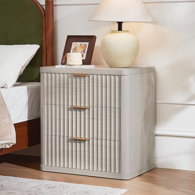 LEYAOYAO Fluted Farmhouse Nightstand Set of 2 with Charging Station, 23" Wide 3 Drawers Night Stand,LightGrey Dresser for Bedroom,Bed Side Table Chest of Drawers,Wood End Table for Living Room