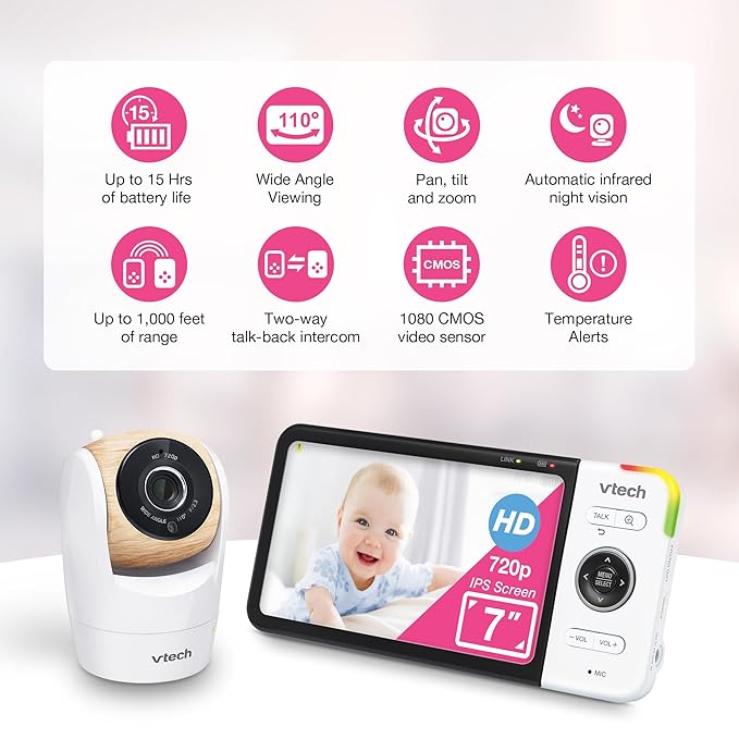 VTech VM919HD (Upgraded) Video Monitor with 7'' 720p Screen,360 Panoramic Viewing, 110 Wide-Angle View,Night Vision, Up to 1000ft Range, Secured Transmission No WiFi