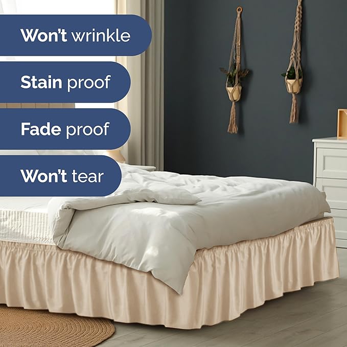 Wrap Around Dust Ruffle Bed Skirt - Cream - for Full Size Beds with 15 Inch Drop - Easy Fit Elastic Strap - Adjustable Pleated Bedskirt w/Brushed Fabric - Wrinkle Free - for Women, Men, Kids & Teens