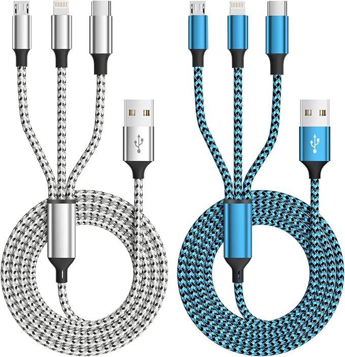 Firsting Multi Charging Cable(2Pack 4FT), 3 in 1 Charging Cable Nylon Braided Universal Charger Phone Charger Cord with Type-C,Micro USB,IP Port for iPhone16/15 Series/Phone&Pad-Blue+Gray