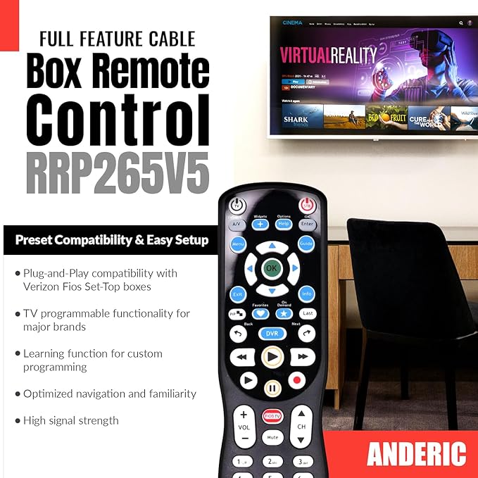 ANDERIC RRP265V5 Replacement Remote Control Compatible with Verizon FiOS 2-Device, Version 2/3/4/5 RC2655007/01, Work with All FiOS Systems and Set Top Boxes Replacement Controller