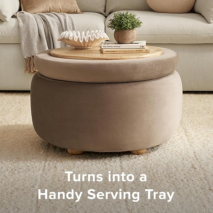 mopio Luna Round Ottoman with Storage and Tray, Round Coffee Table with Storage - Image 5