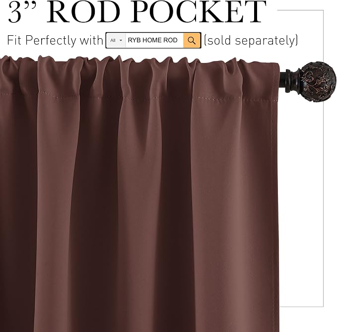 RYB HOME Short Chocolate Brown Blackout Curtains - Image 2