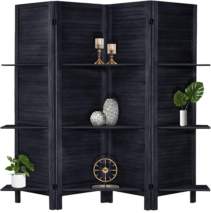Room Divider with Shelves, 4 Panel Black Privacy Screen | Partition Room - Image 8