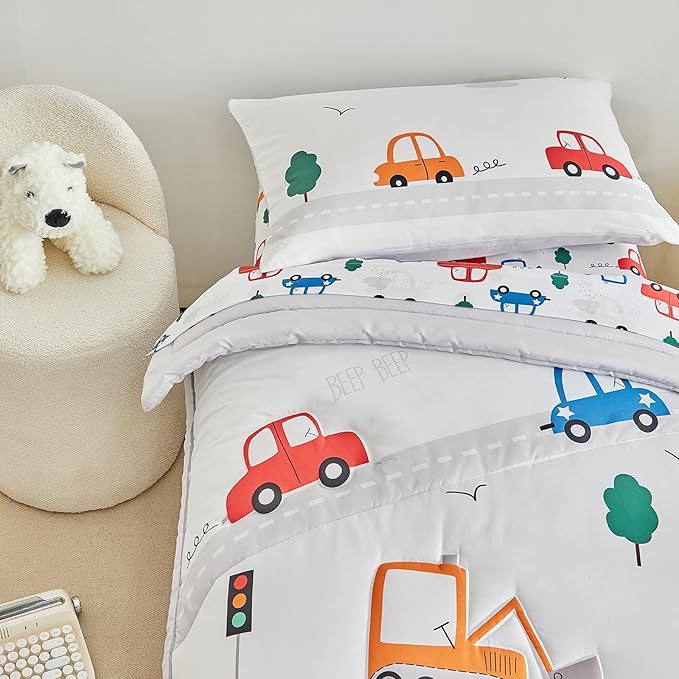 DuShow 4 Pieces Cars Toddler Bedding Set for Boys,Soft Toddler Bed Set in a Bag,Toddler Bed Comforter Set Includes Quilted Comforter, Flat Sheet, Fitted Sheet and Pillowcase