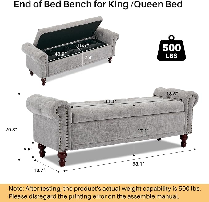 SOFTHION 58.1" Storage Bench for Bedroom, Chenille Upholstered, Light Grey | - Image 2