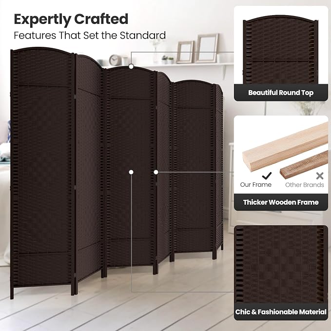 6 Panel Folding Room Divider, Woven Privacy Screen, Chocolate | Solid wood frame - Image 2