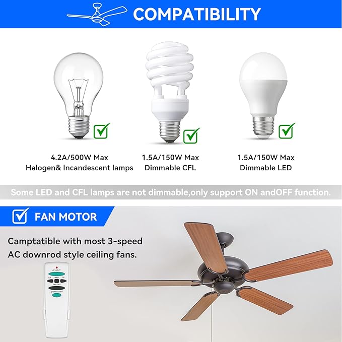 Ceiling Fan Remote Control with Up and Down Light,Replacement for Hampton Bay UC7078T L3H2010FANHD Fan-HD Fan-HD5,3-Speed and Light Dimmer (Remote Only)