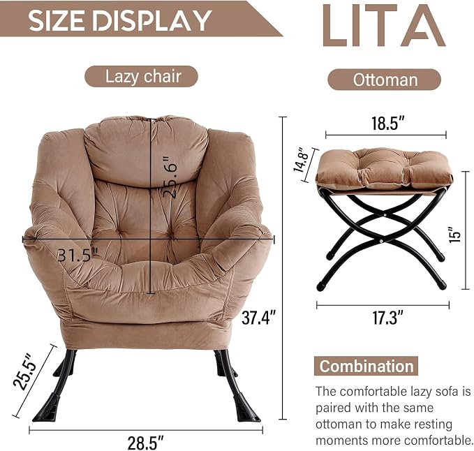 Lazy Chair with Ottoman, Comfy Accent Reading Chair, Dark Brown | Foldable - Image 3