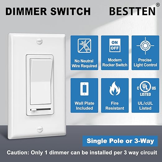 BESTTEN 6 Pack Dimmer Light Switch, LED Dimmer Switch, Single-Pole or 3-Way, for Dimmable LED, Halogen and Incandescent Bulbs, 120V, Wall Plate Included, UL Listed, White