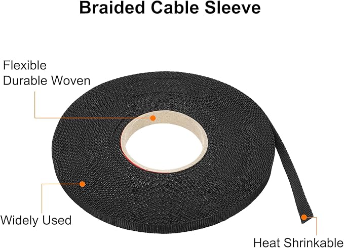 MECCANIXITY Braided Cable Sleeves Heat Shrinkable Fabric Sleeving, 1/4" 60ft Black 2:1 Ratio Heat Shrinkable Cord Protector for Harness Cable, Network Cable Protection, Cable Management