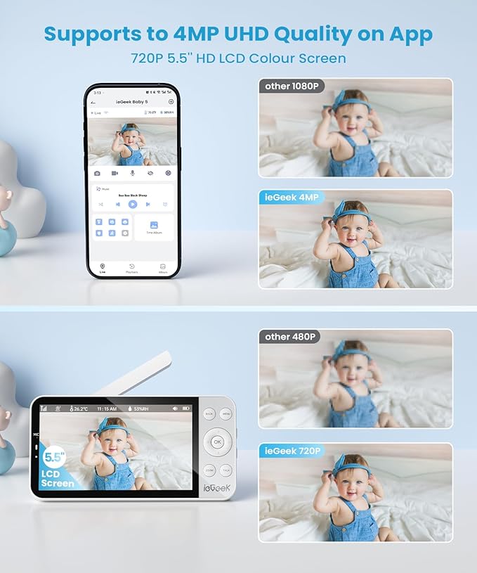 ieGeek 5.5" Baby Monitor,Audio Monitor with 2.5K Ultra HD 2.4G&5Ghz WiFi Camera,Night Light,Face Covering&Cry Detection,Two-Way Talk,Night Vision,Temp&Humidity Sensor,4000mAh Battery,App Control