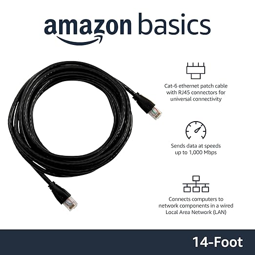 Amazon Basics RJ45 Cat 6 Ethernet Patch Cable, 1Gpbs Transfer Speed, Gold-Plated Connectors, 14 Foot for PC, TV, Tablet, Router, Printer, Black