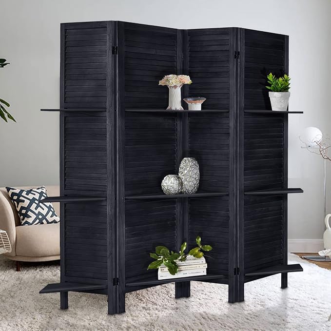 Room Divider with Shelves, 4 Panel Black Privacy Screen | Partition Room - Image 5