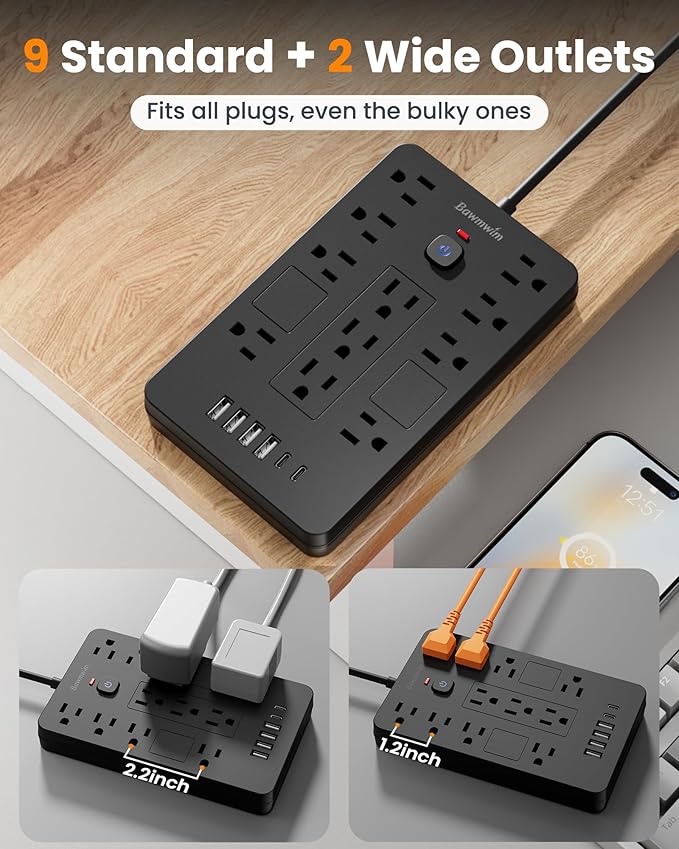 Bawmwim Surge Protector Power Strip - 11 Outlets(1850W/15A) with 6 USB Ports(2 USB C), 6FT Flat Plug Extension Cord, Wall Mount, Black, ETL Listed for Home, Dorm Room