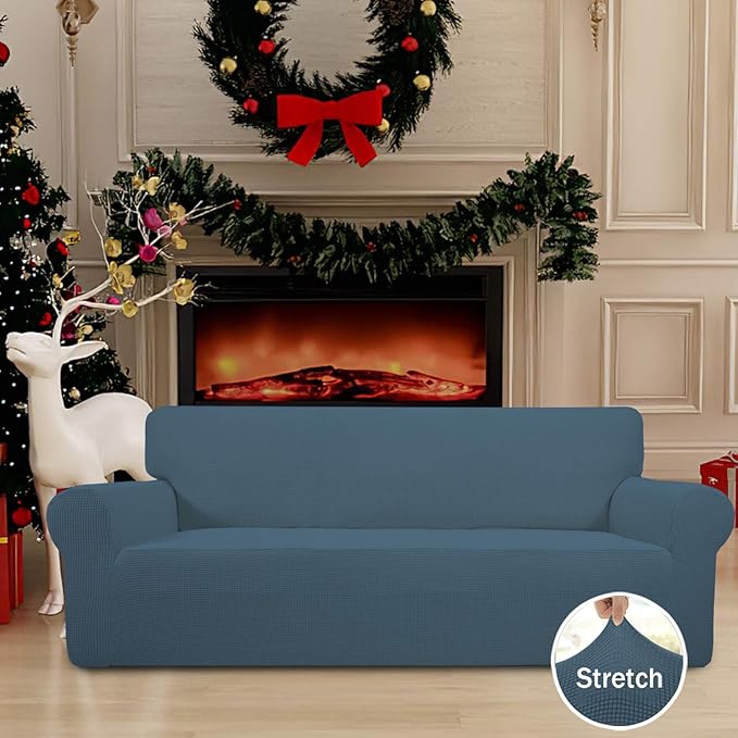 Easy-Going Stretch Sofa Slipcover 1-Piece Sofa Cover Furniture Protector Couch Soft with Elastic Bottom for Kids, Polyester Spandex Jacquard Fabric Small Checks (Sofa, Bluestone)