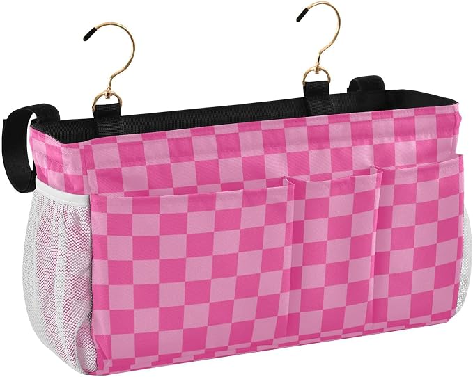 Pink Checkered Print Bedside Caddy Storage Bag Bedside Organizer by KOPIRIT