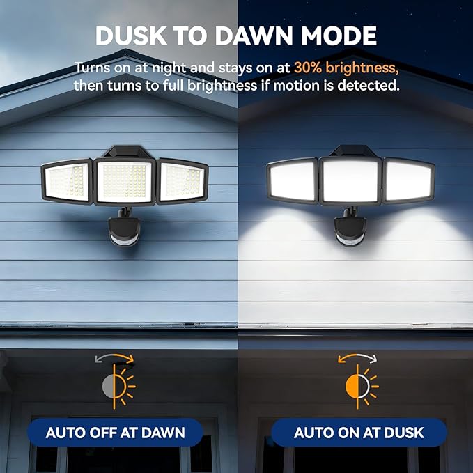 PURICH LED Security Lights Motion Sensor Light Outdoor, 7000LM, 6500K, Waterproof, Flood Light Outdoor Motion Detector with Adjustable 3 Head, Hardwired Wall Light for Entryway, Yard, Garage (2)