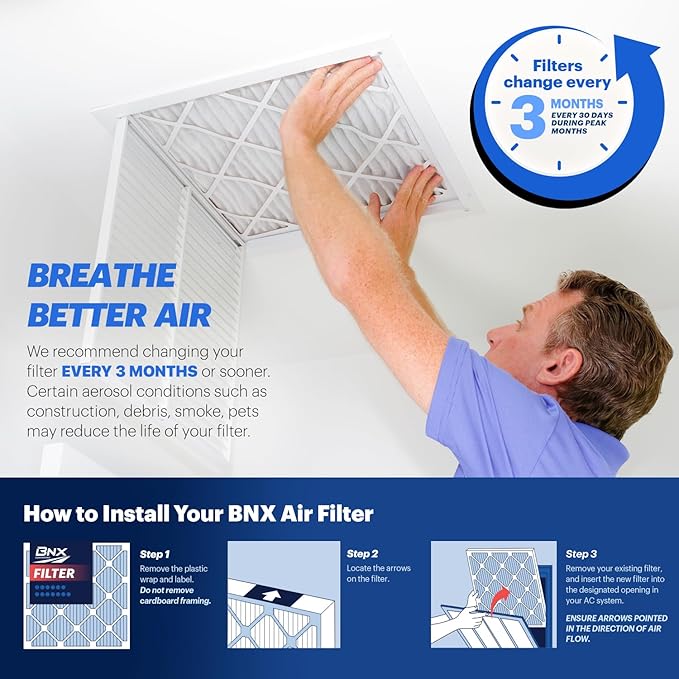 BNX TruFilter 24x30x1 Air Filter MERV 13 (4-Pack) - MADE IN USA - Electrostatic Pleated Air Conditioner HVAC AC Furnace Filters for Allergies, Pollen, Mold, Bacteria, Smoke, Allergen, MPR 1900 FPR 10