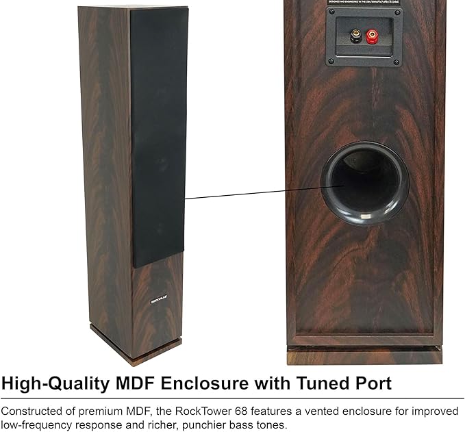Rockville RockTower 68D 400W Passive Tower Speaker 8 Ohm, Deep Bass, High-Fidelity Sound, Sleek Dark Wood Design, for Home Audio Enthusiasts