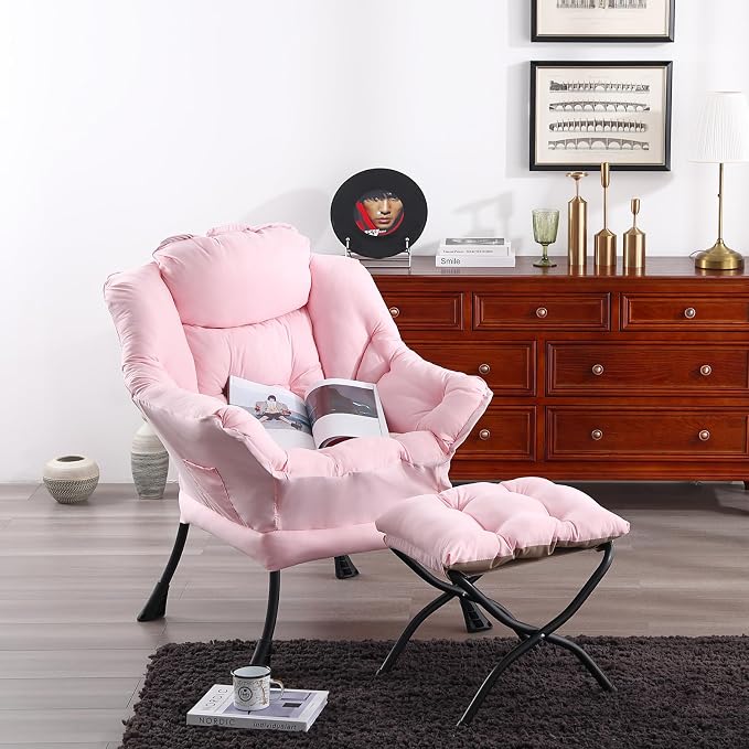 Welnow Lazy Chair with Ottoman, Reading Chair with Footrest，Pink | A Side Pocket - Image 9