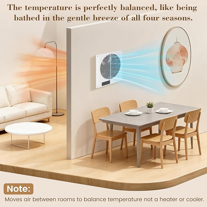 Qnemaei 8" Through Wall Fan 305 CFM, Room to Room Air Transfer Fan, Reversible Airflow Design, Programmable Timer, Quietly Circulating Air for Home, Office, Closet, Laundry Room & More