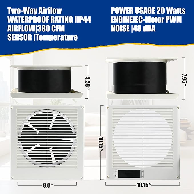 Thiadrs Room to Room Fan 8" Air Vent Fan, 10-Speed Quiet Airflow Through-the-Wall Fans, 380CFM, EC Motor In-Wall with Temperature and Timer Setting for for Laundry, Kitchen and Workshop