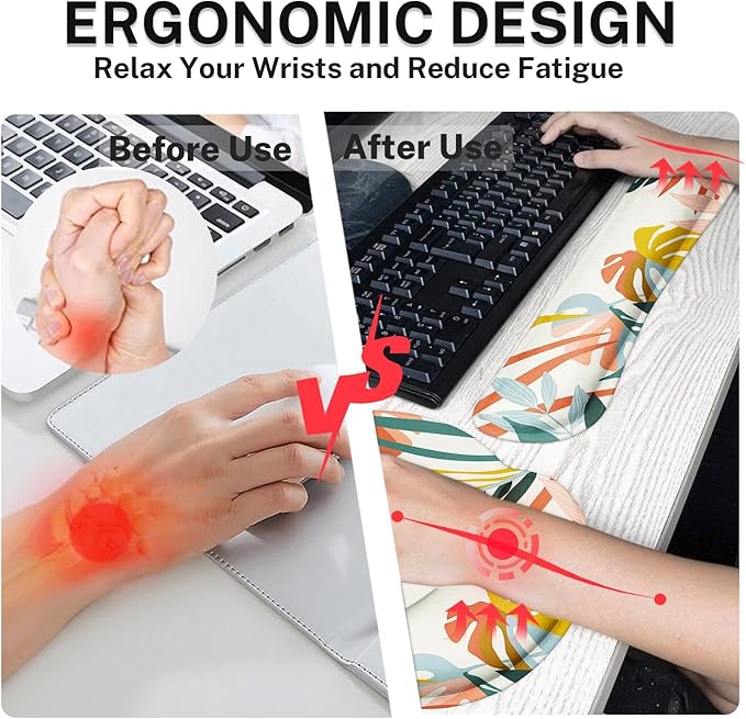 Britimes Bohemian Rainforest Keyboard Mouse Pad Set 4in1 Large Mousepad+Keyboard Wrist Rest+Mouse Wrist Rest+Coaster Set with Ergonomic Design for Home Office Computer 35.4x15.7 inches