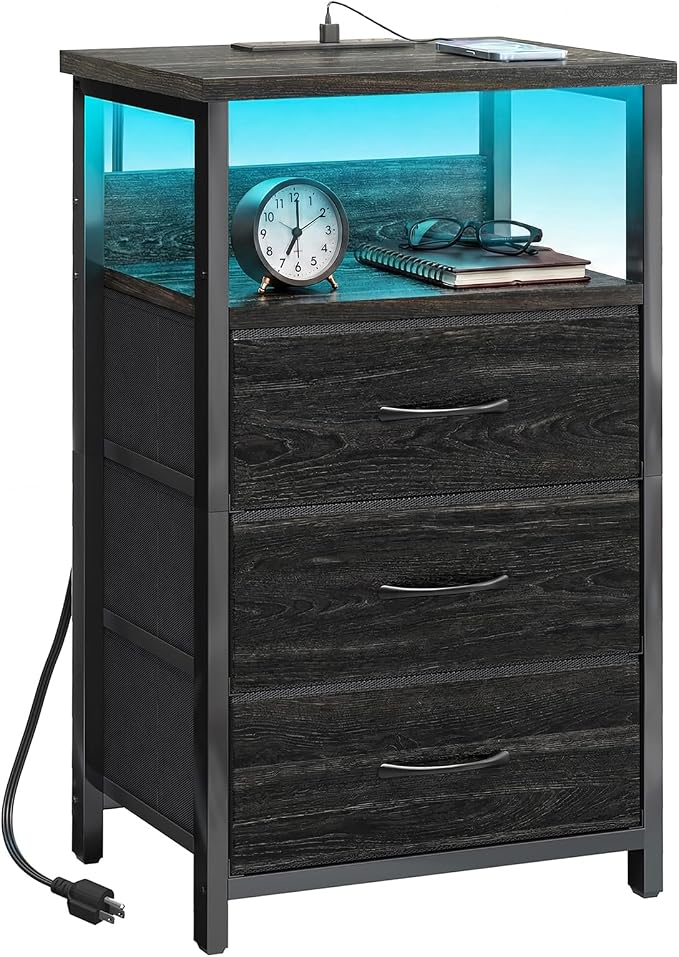 Fixwal Night Stand with 3 Fabric Drawers, Nightstand with Charging Station | by Fixwal