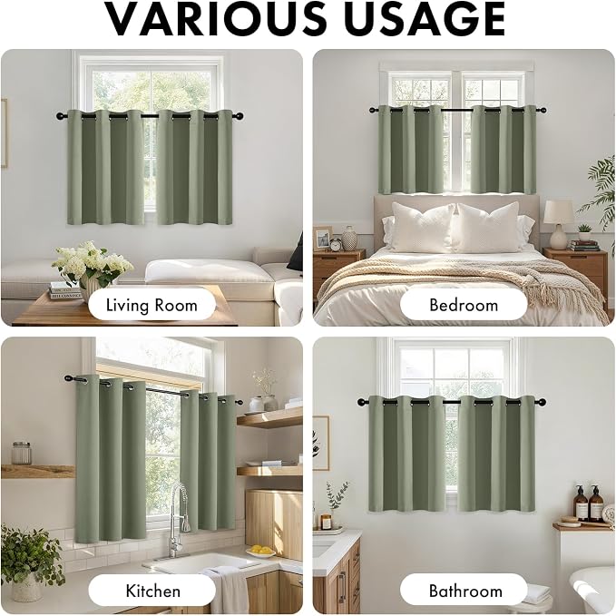 Short Sage Green Blackout Kitchen Curtain W40 x L45 Inch 2 Panels | Thermal - Image 5
